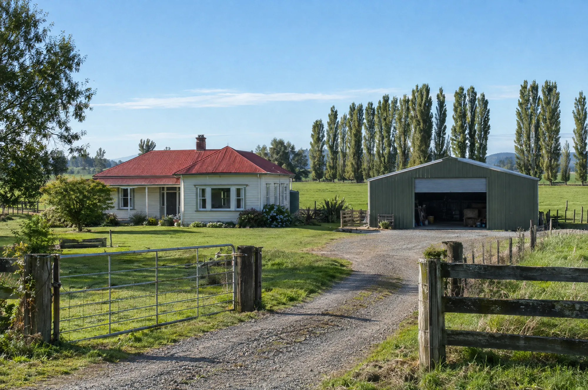 A rural lifestyle block with a farmhouse and implement shed (illustrative)