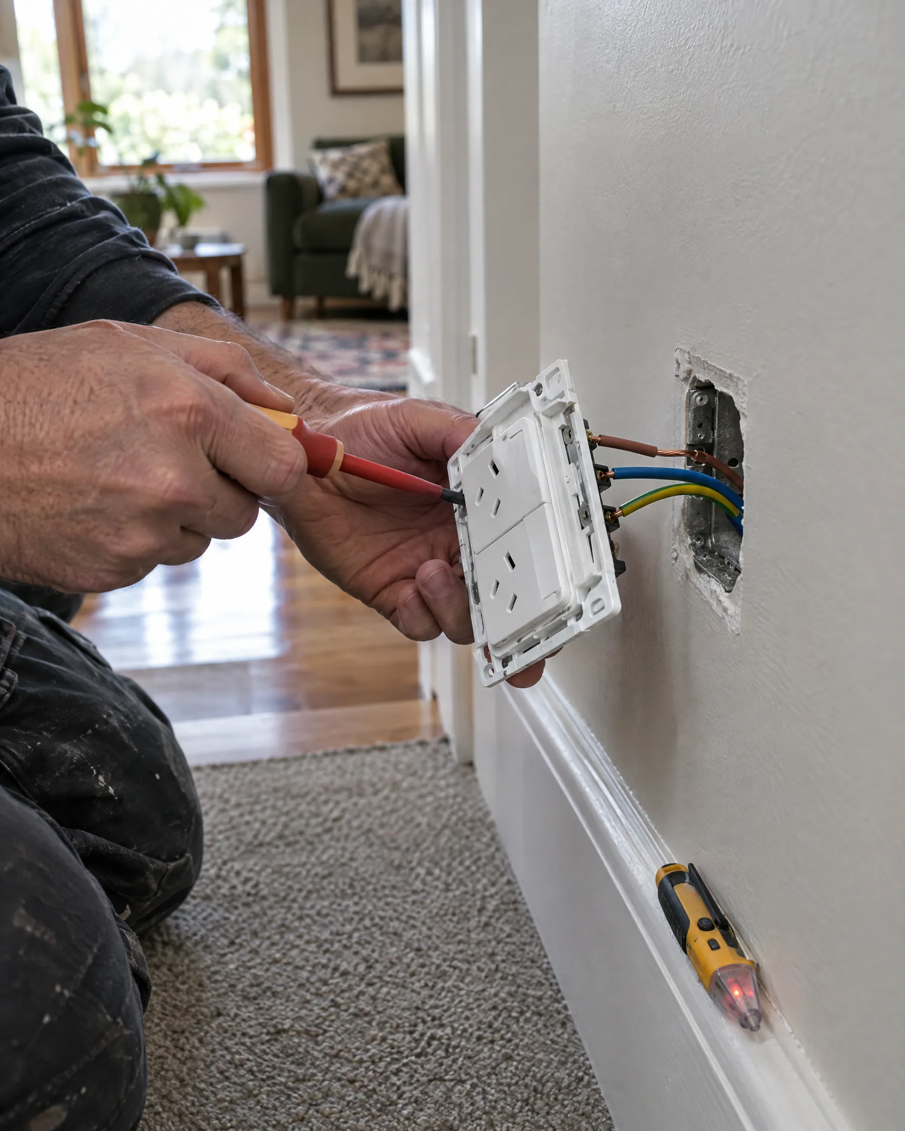 Hands fitting a new double power point to a painted wall