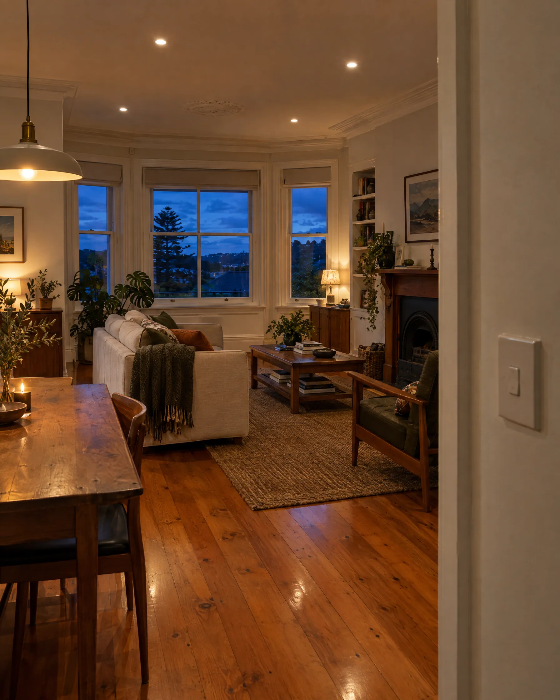 A villa living room in the evening with warm downlights and a pendant on