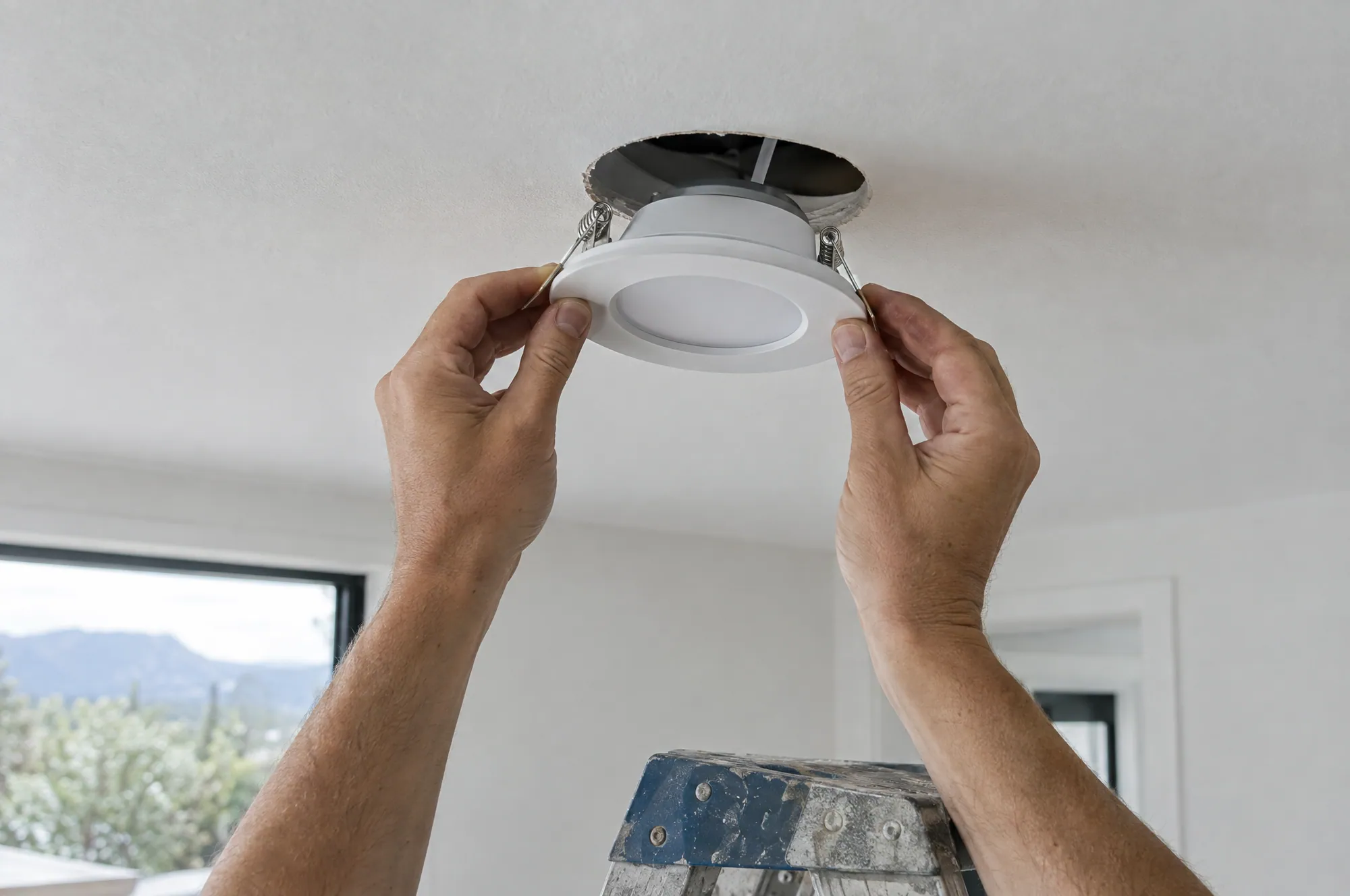 A new LED downlight being fitted into a plasterboard ceiling