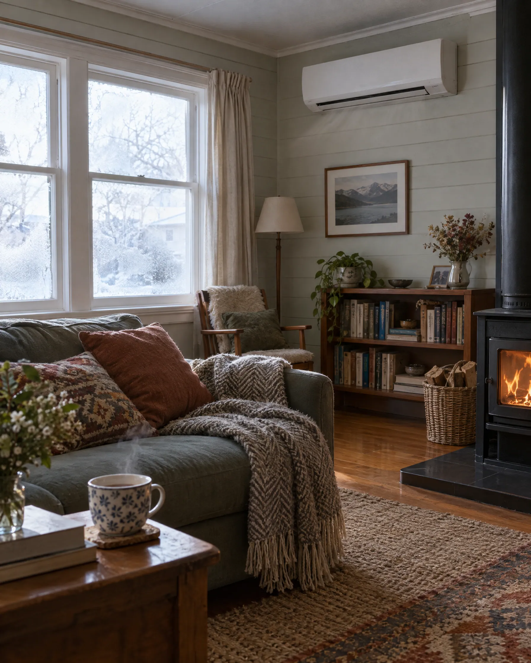 A lounge on a winter morning with a wall heat pump running