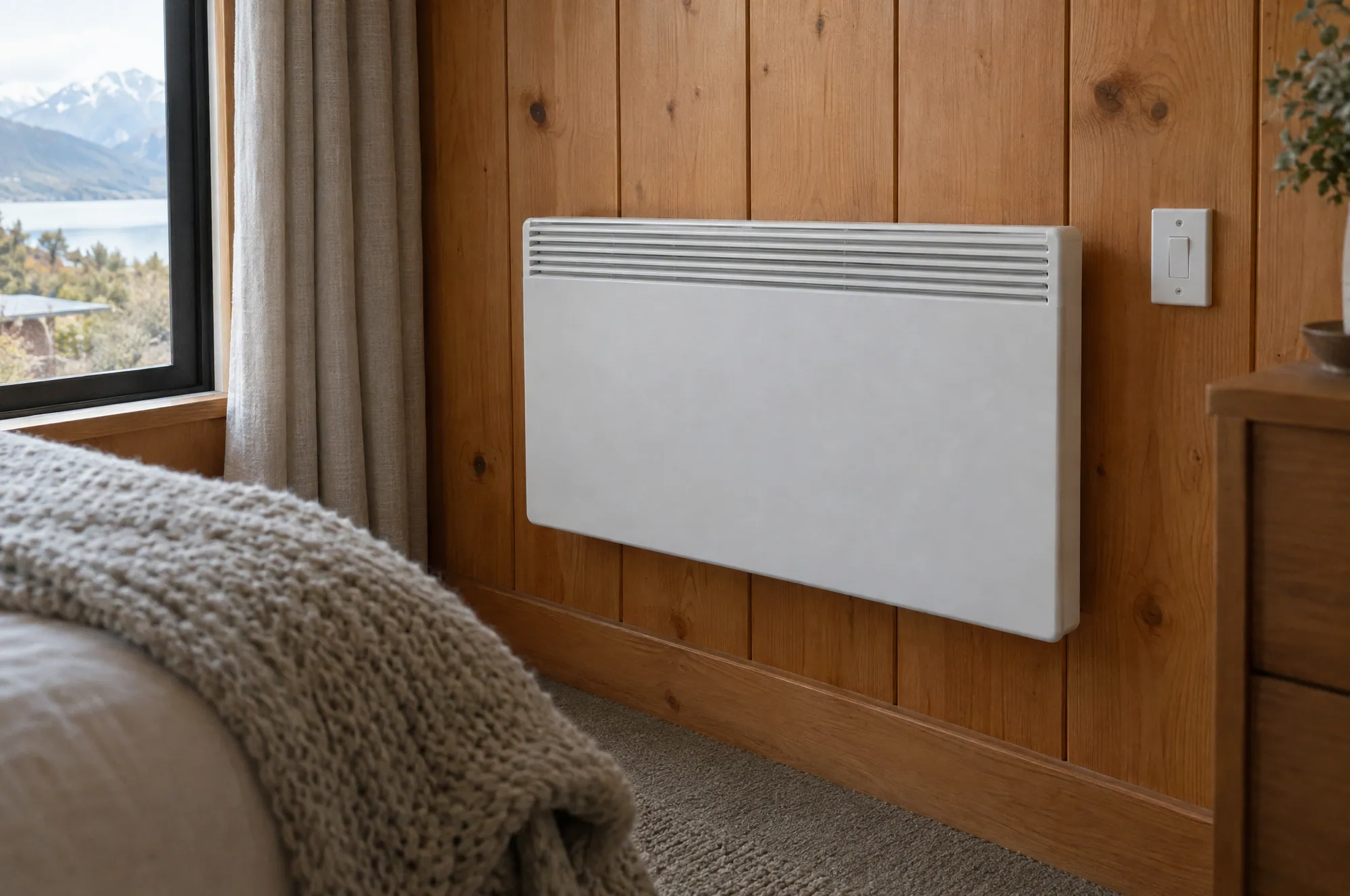 A white panel heater on a timber-panelled bedroom wall