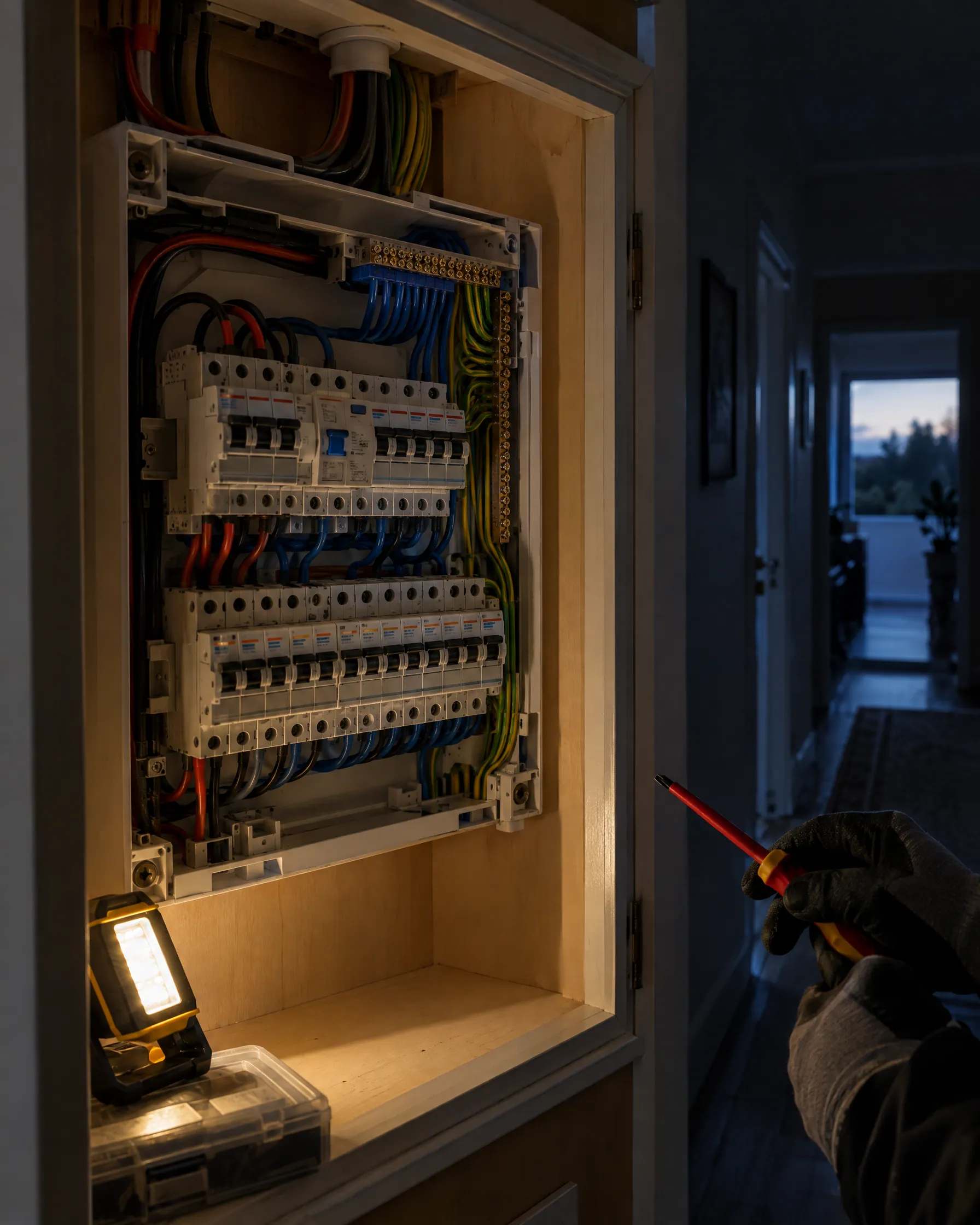 An open residential switchboard lit by a work lamp