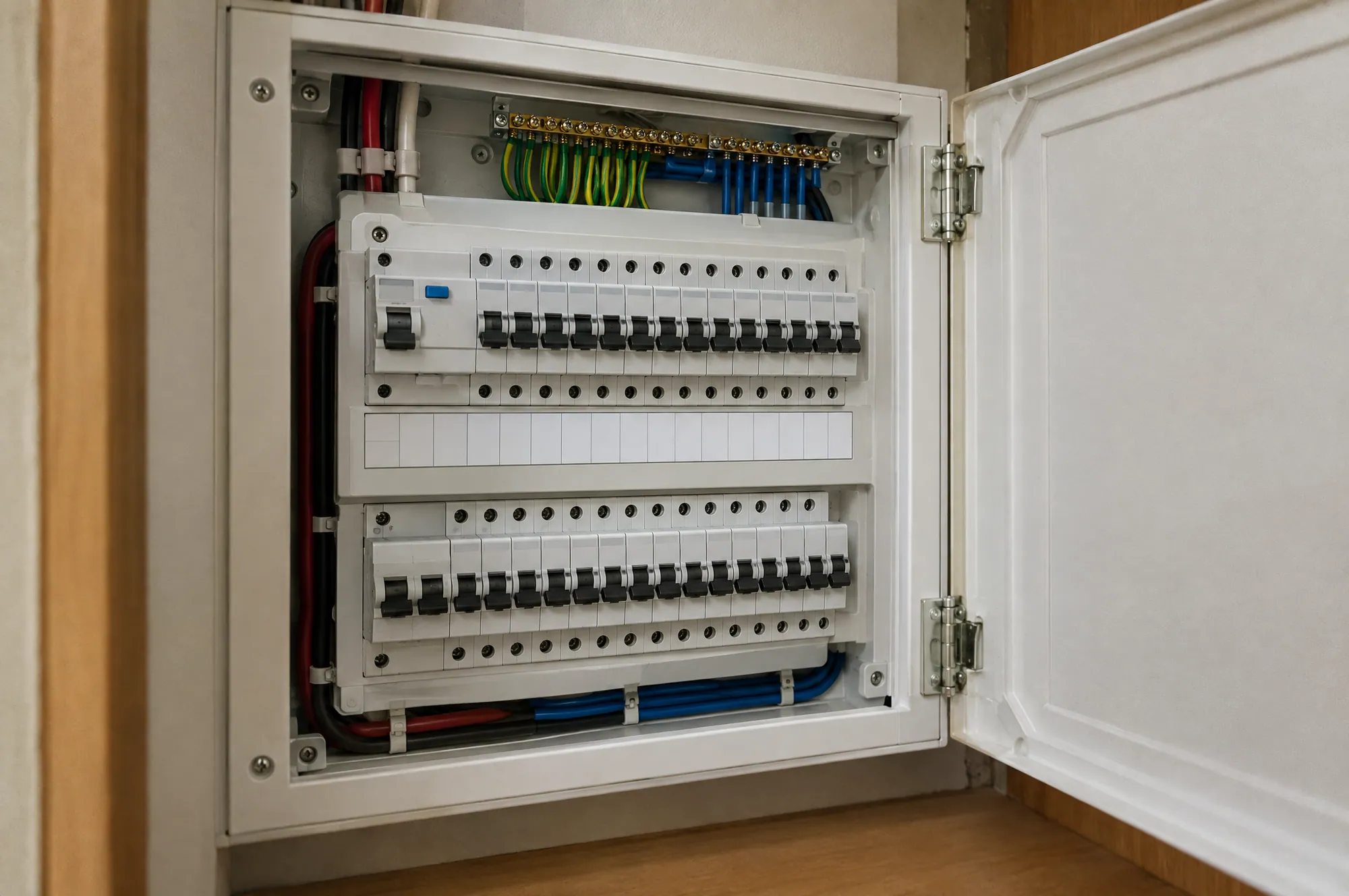 A neat residential switchboard with rows of circuit breakers