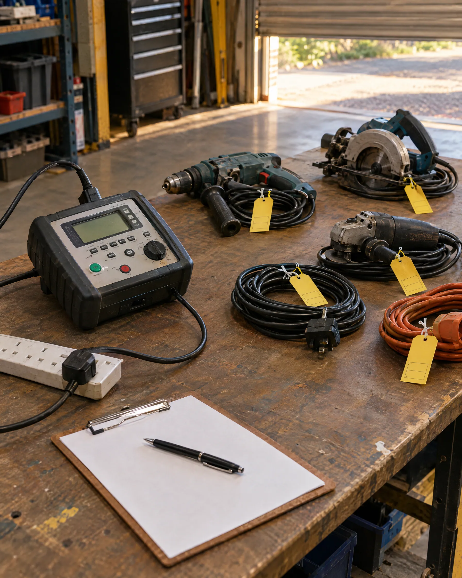 An appliance tester with tagged leads on a workshop bench