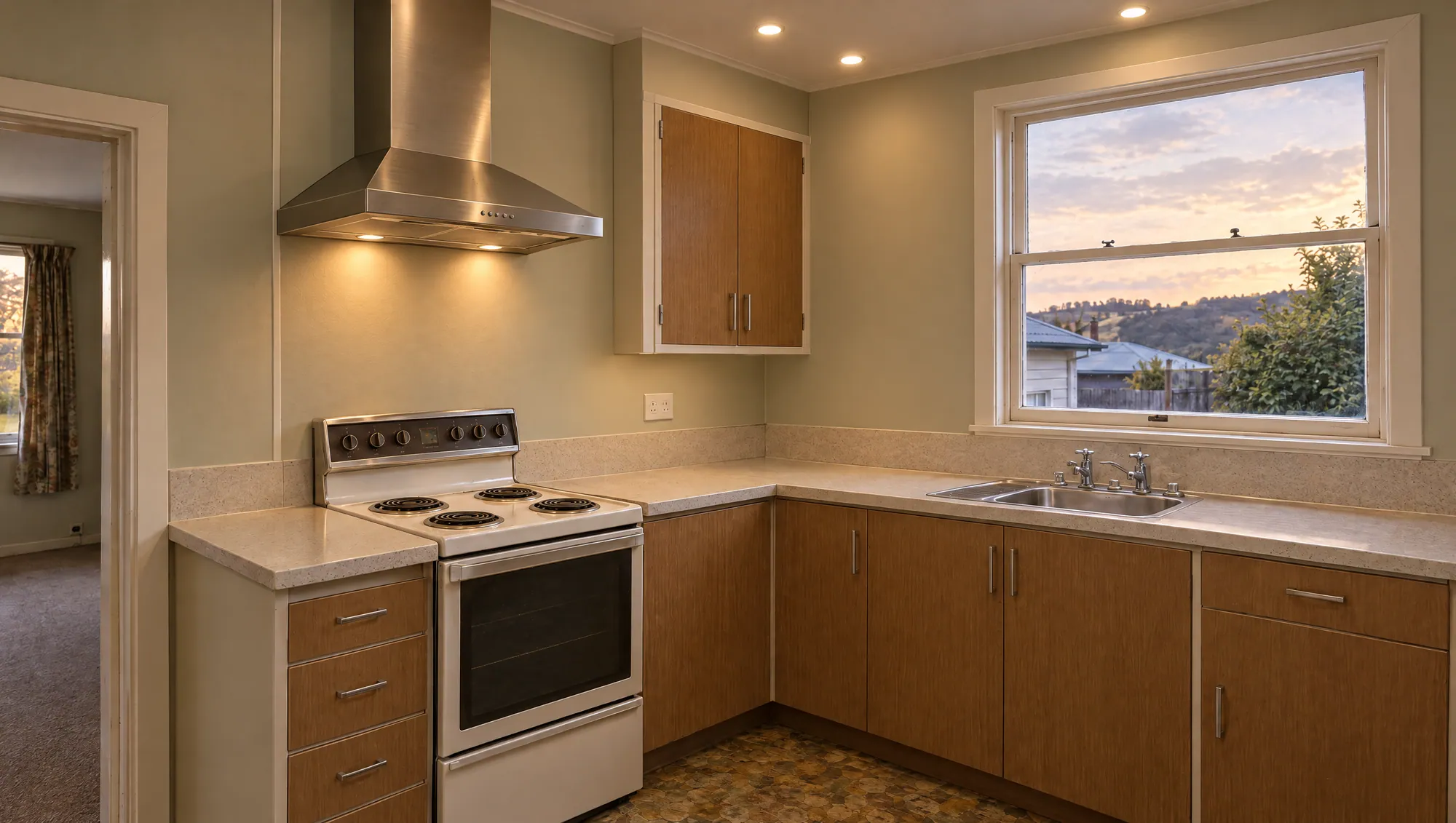 The same kitchen after: new rangehood, warm downlights, rehung cabinet door, new power point