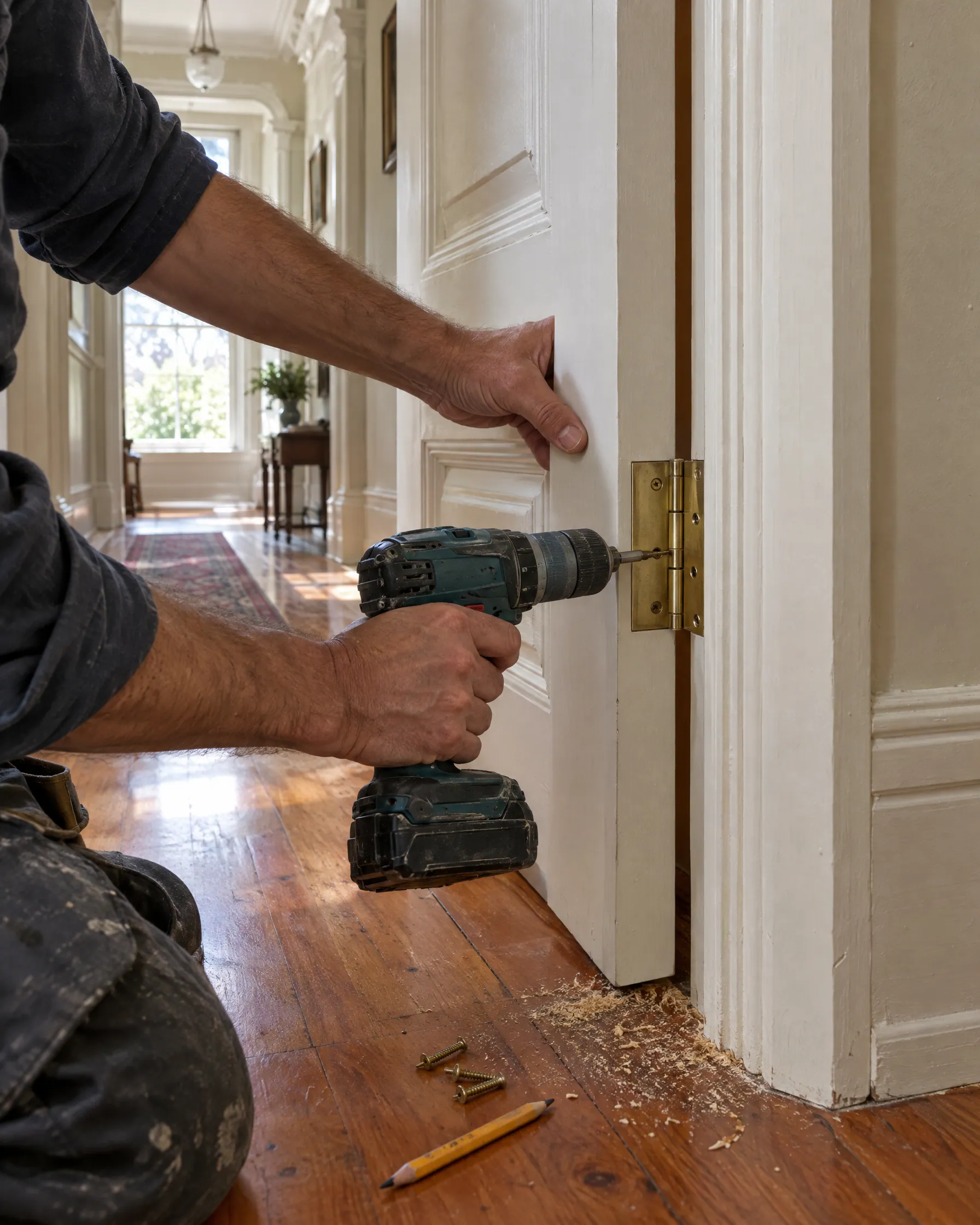 Hands rehanging an interior villa door with a cordless drill