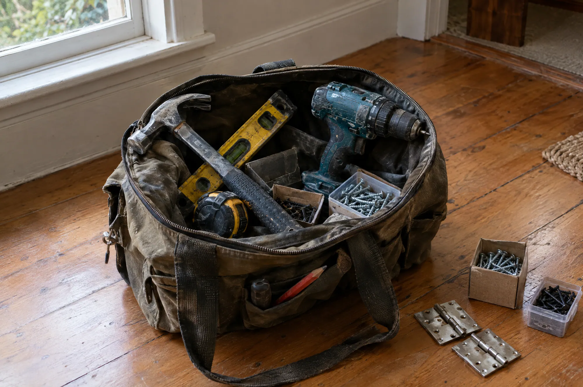 A well-used tool bag open on timber floorboards