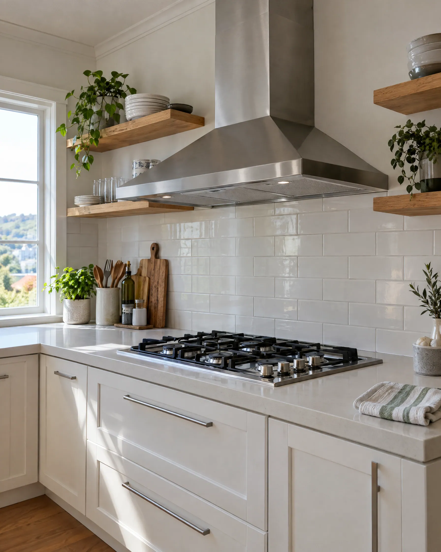 A newly fitted stainless rangehood in a villa kitchen