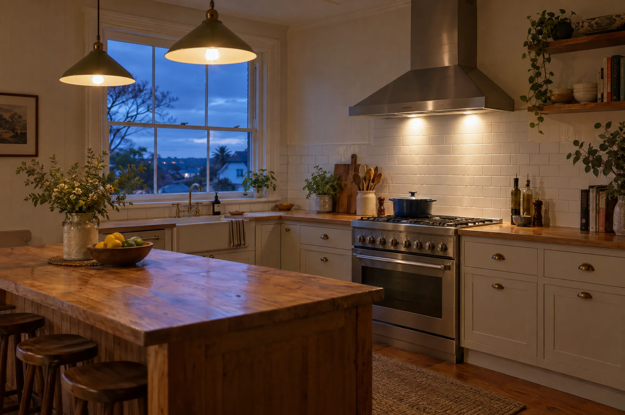 A lived-in villa kitchen at dusk with the rangehood light on