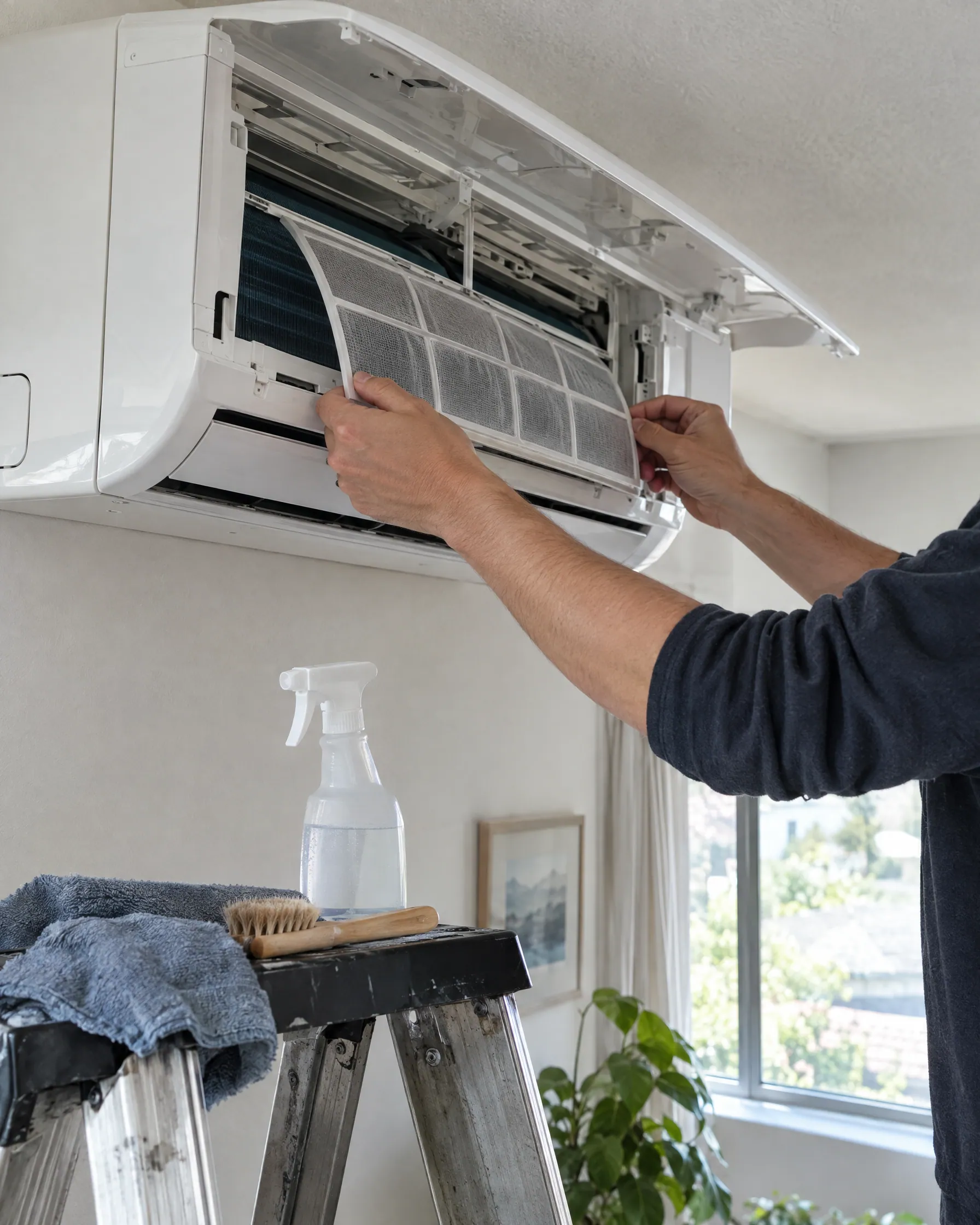 Hands sliding a washed filter back into a heat pump