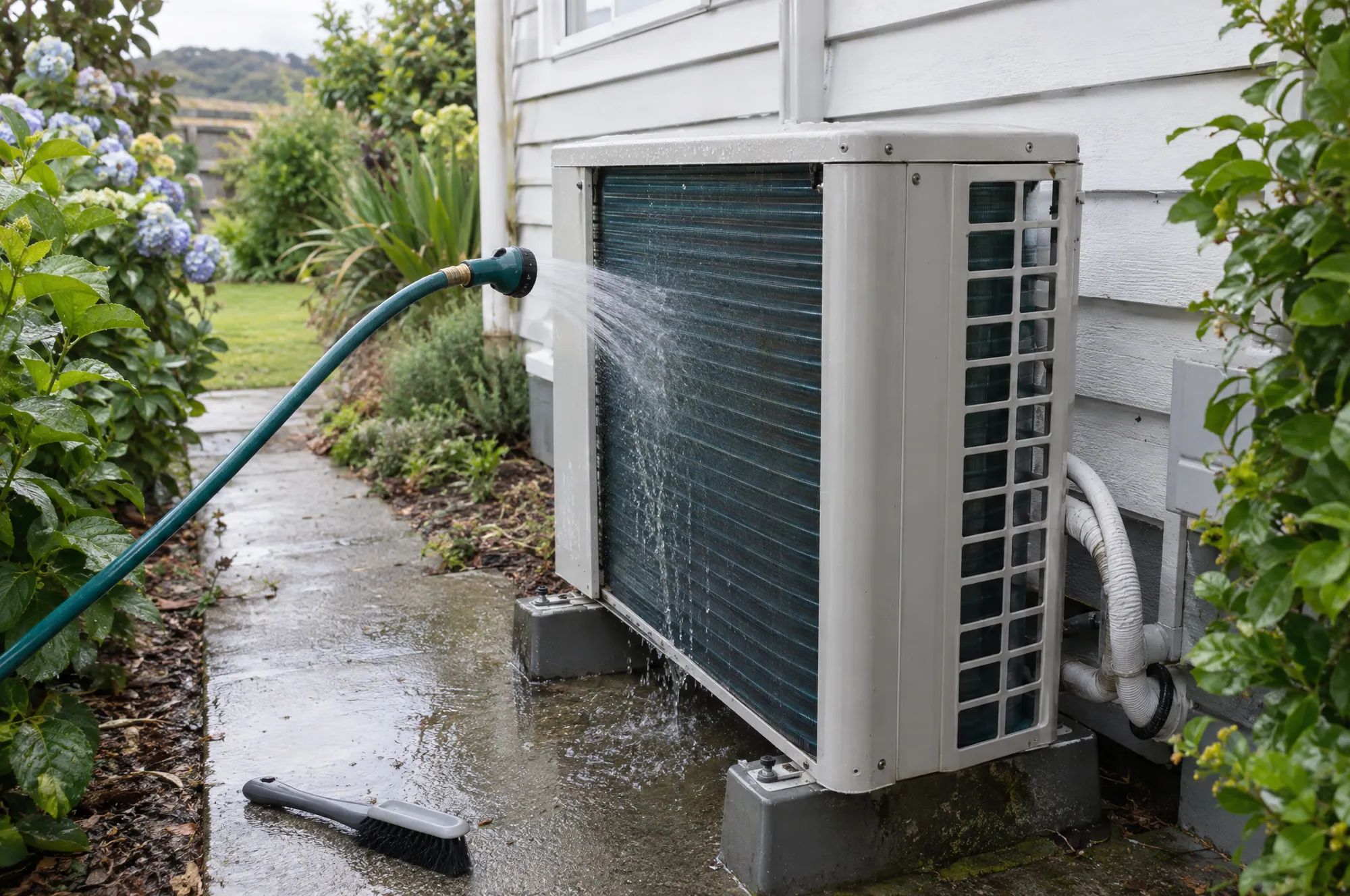 A heat pump outdoor unit being rinsed with a garden hose