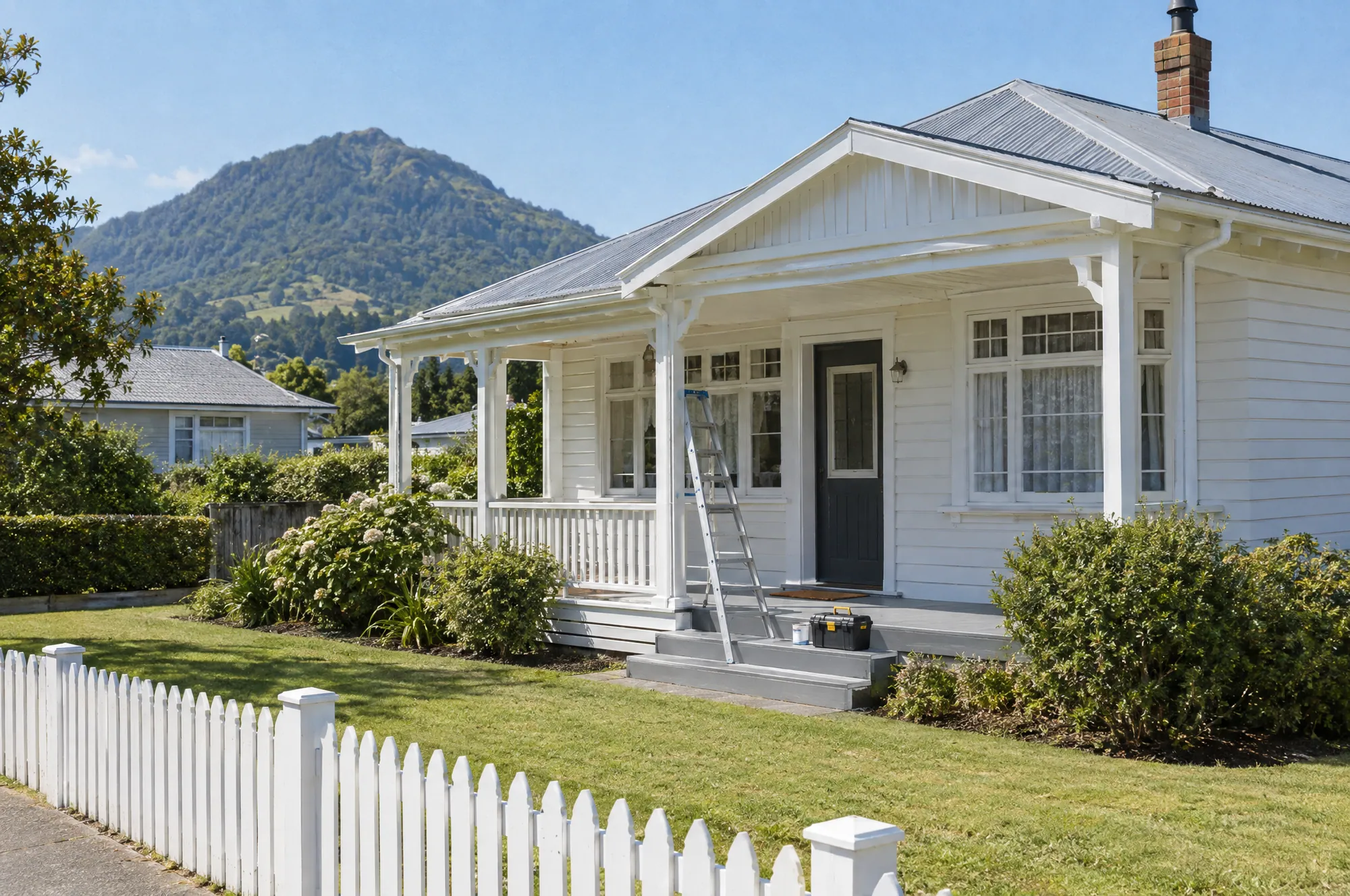 A tidy weatherboard villa with a ladder against the veranda