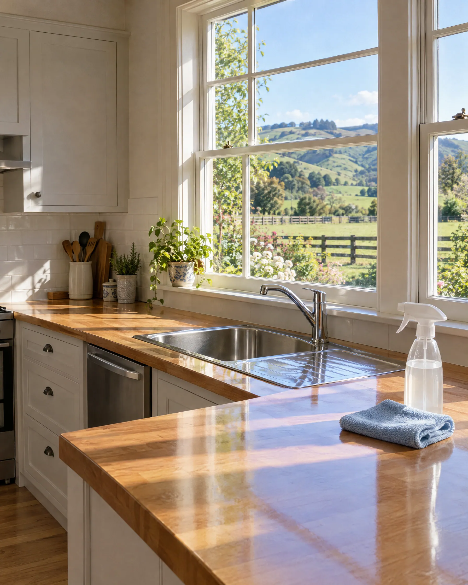 A bright, freshly cleaned country kitchen