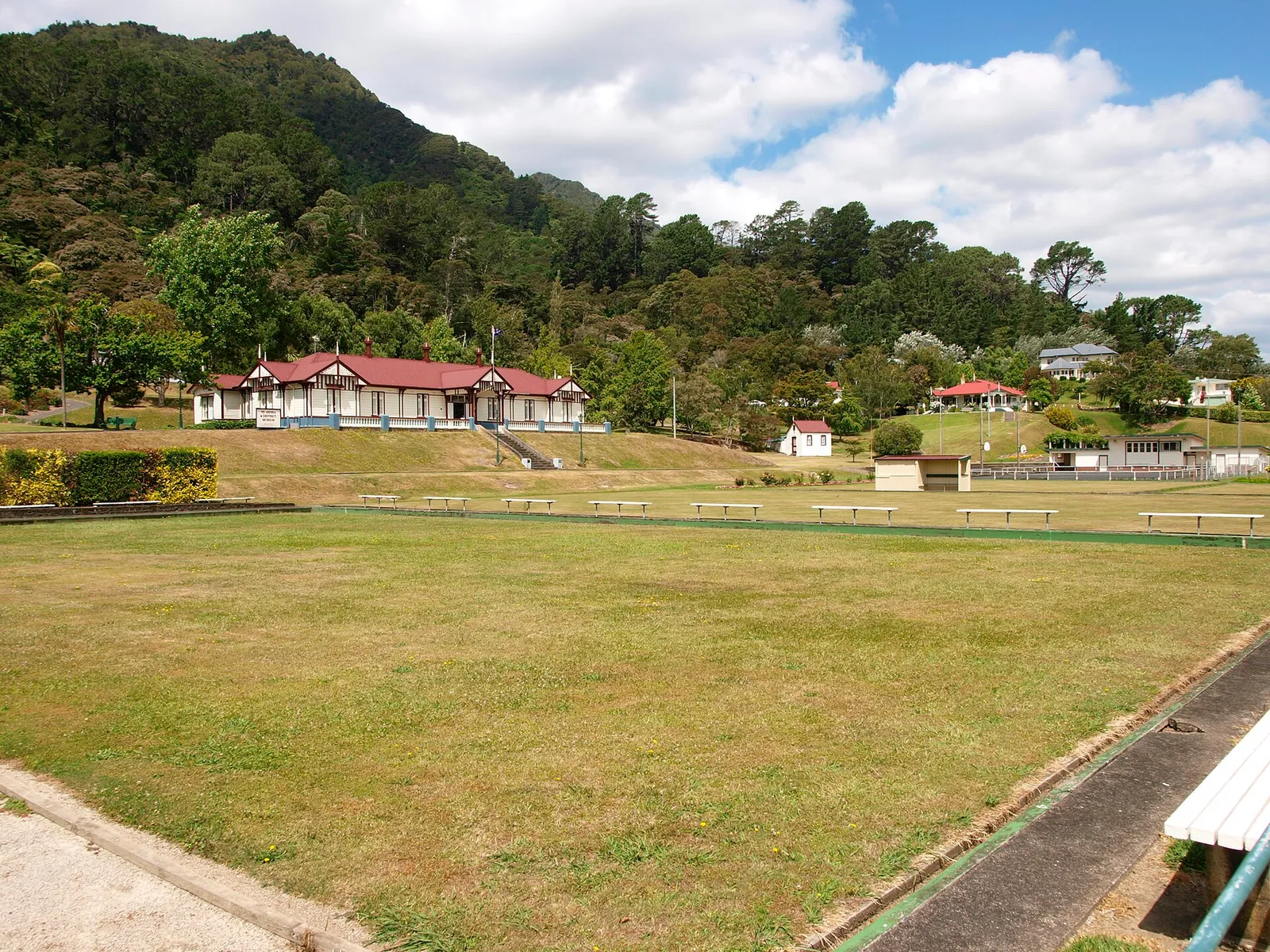 The historic Domain in Te Aroha, below the bush-covered mountain