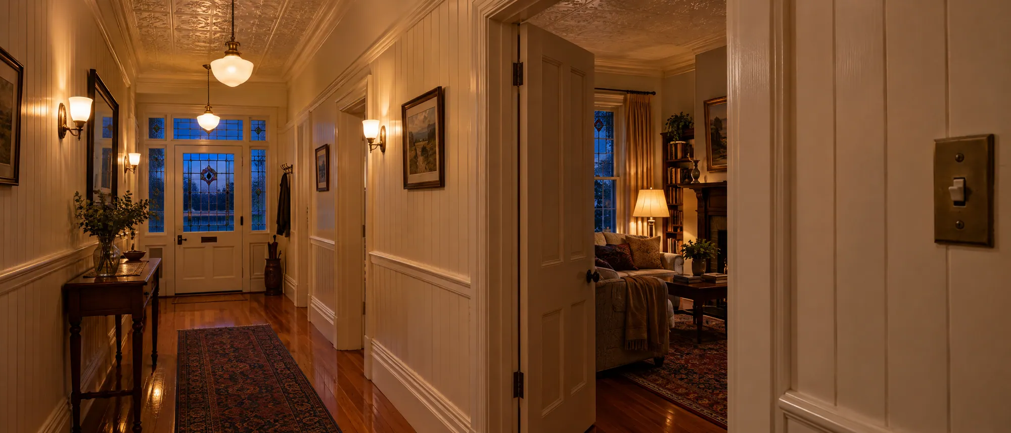 A villa hallway at dusk with warm pendant lights and wall sconces on