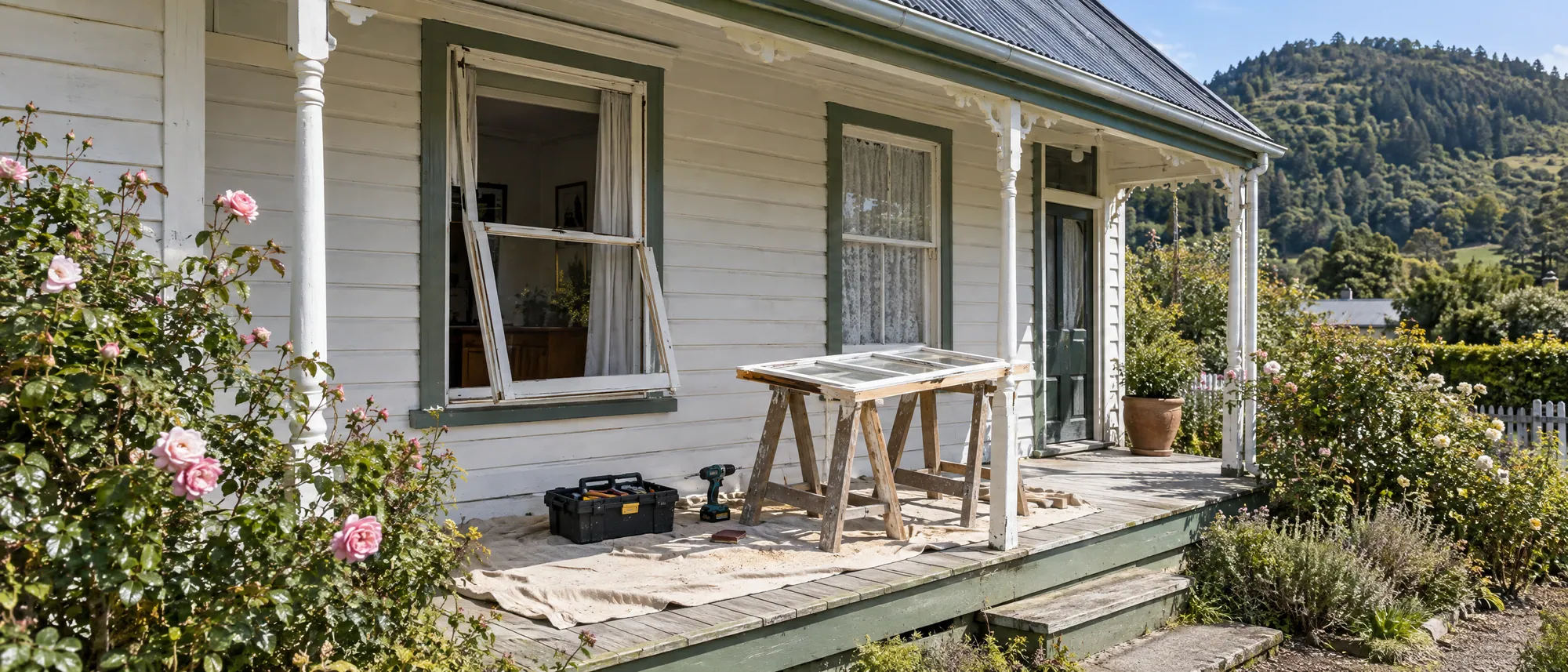 A villa veranda with a window sash out on trestles for repair